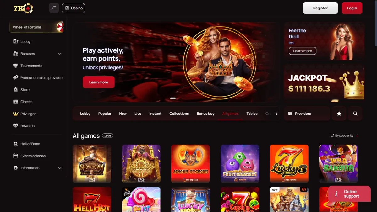 Каталог игр 7K Casino с фильтрами и списком провайдеров