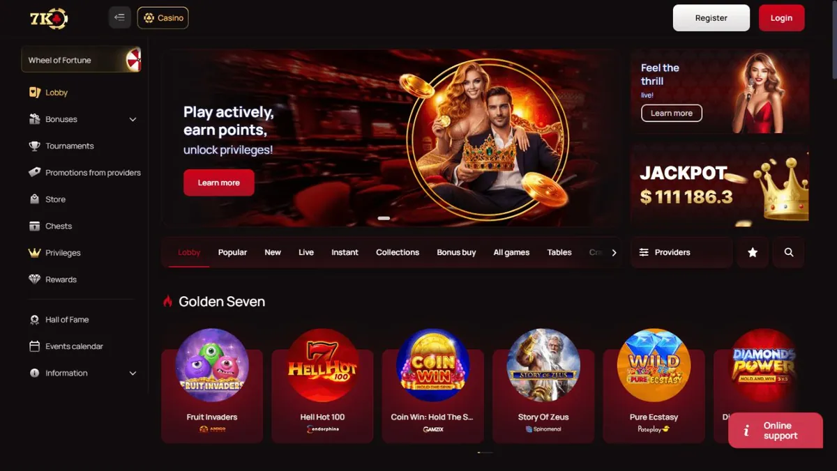 Лобби 7K Casino с категориями игр и быстрым доступом к акциям