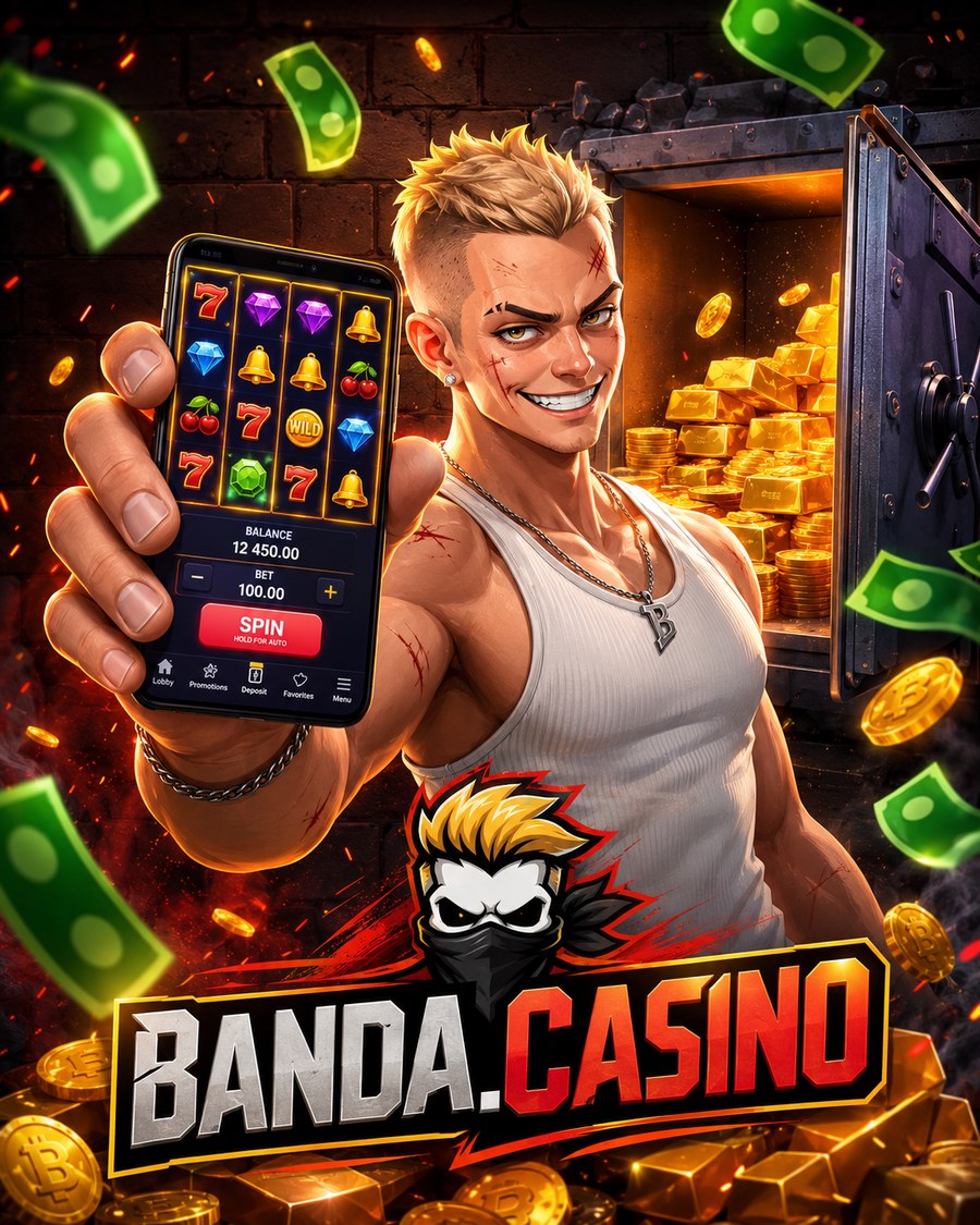 Постер Banda Casino с телефоном, сейфом, монетами и игровым персонажем