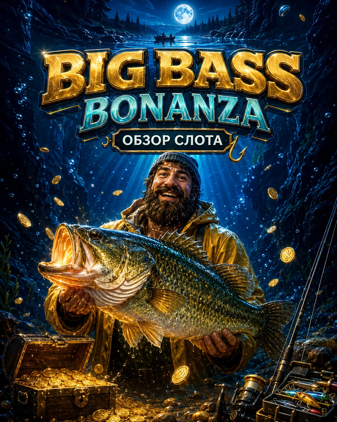 Big Bass Bonanza - Рыбак с крупным басом, монеты и снасти