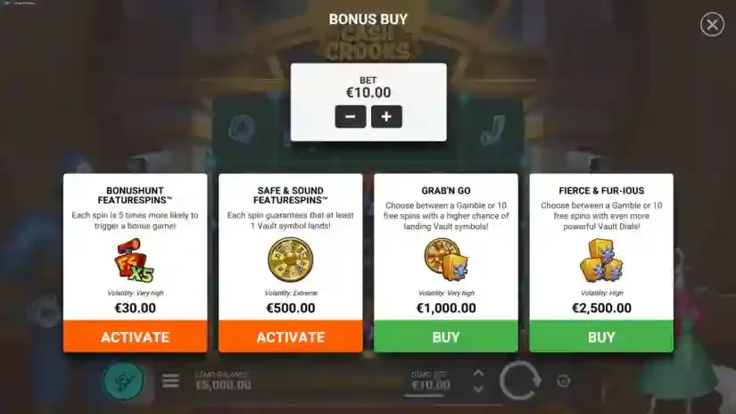 Меню Bonus Buy Cash Crooks с четырьмя вариантами функций