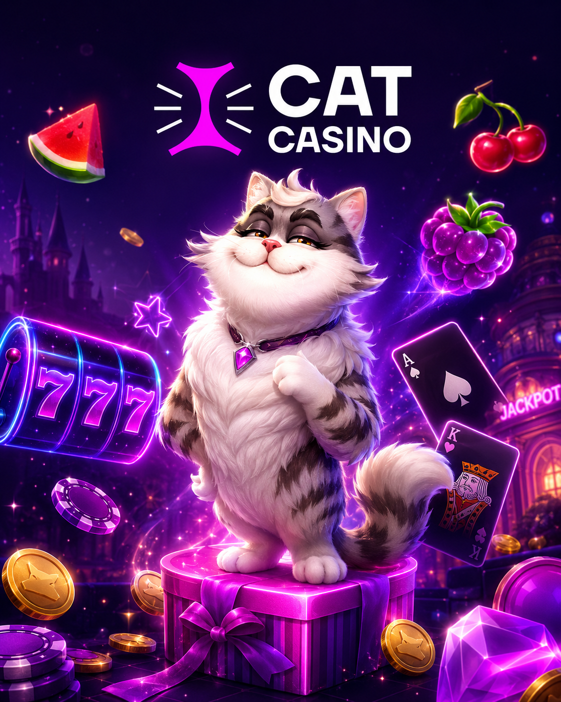 Вертикальный постер Cat Casino с котом, слотами, картами и неоновым казино