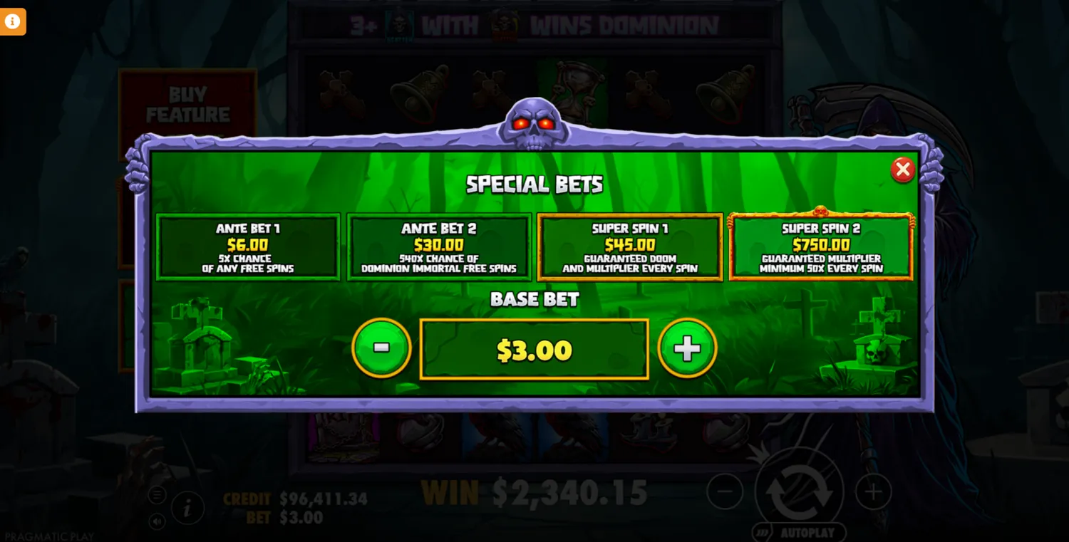 Меню Special Bets Death Dominion
