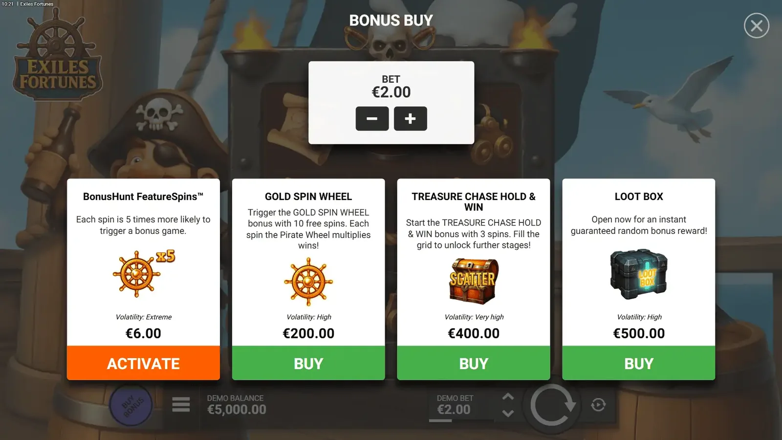 Меню Bonus Buy и FeatureSpins в Exiles Fortunes