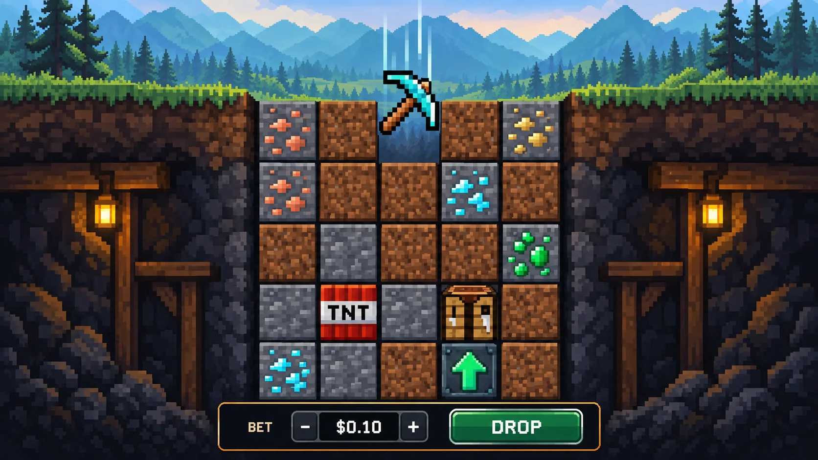 Базовый раунд Falling Pickaxe в пиксельной шахте