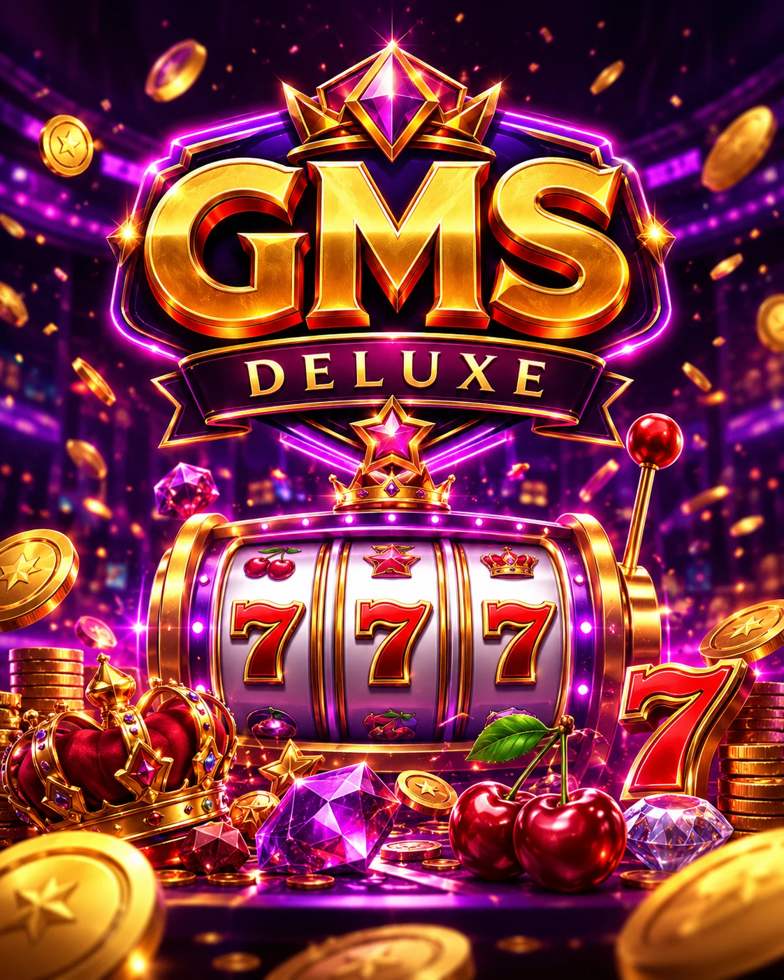 GMS Deluxe казино постер с игровыми автоматами, монетами и неоном