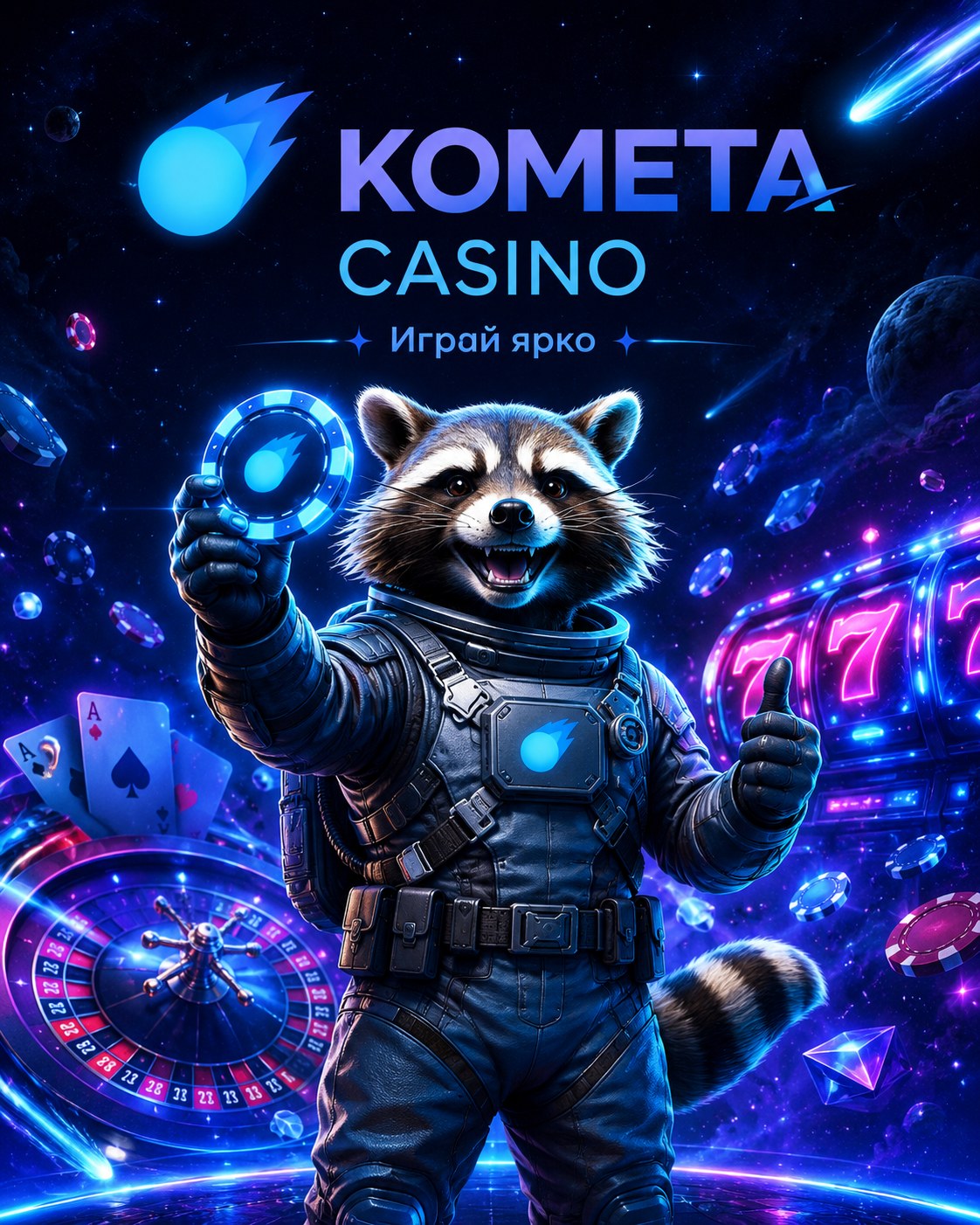 Kometa Casino космический постер с енотом-астронавтом