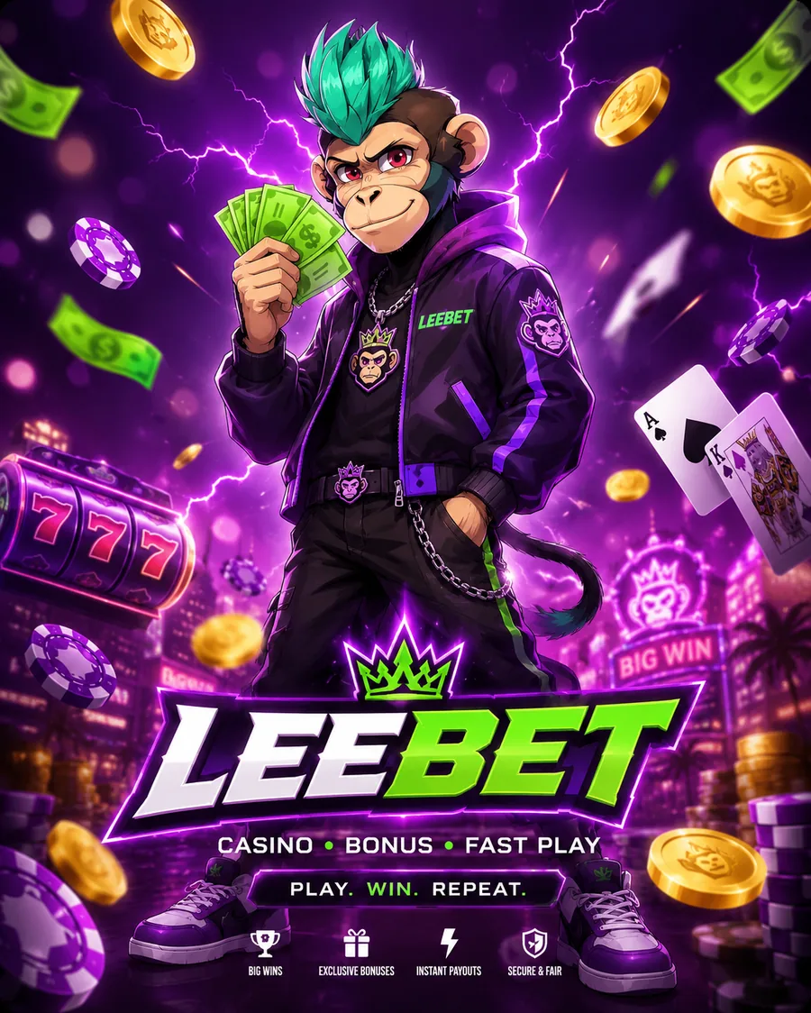Постер Leebet Casino с неоновым маскотом, монетами и слотами