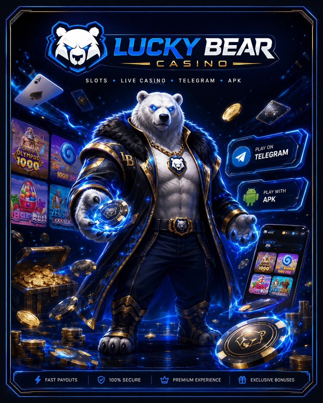 Lucky Bear Casino постер с белым медведем, слотами, Telegram и APK
