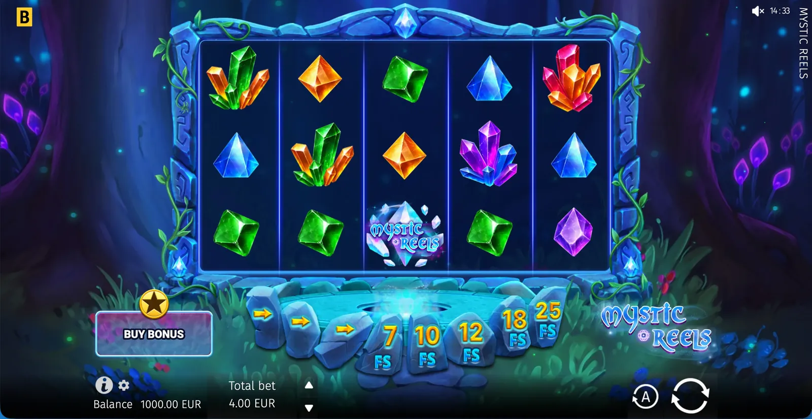 Игровое поле Mystic Reels с пятью барабанами, кристаллами и шкалой фриспинов