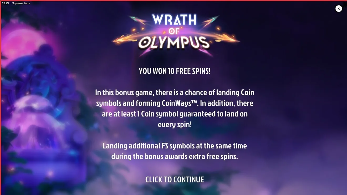 Экран бонуса Wrath of Olympus с десятью фриспинами