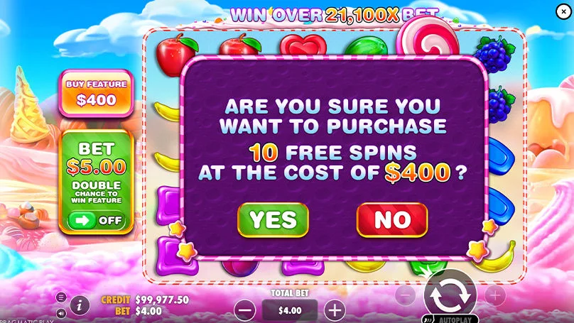 Окно Buy Free Spins в Sweet Bonanza